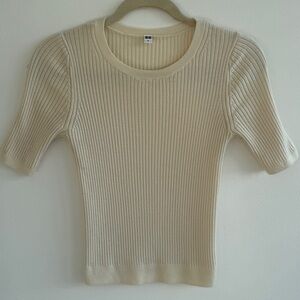 Ribbed Cream Knit Short Sleeve Sweater – Uniqlo